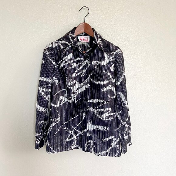 VTG 70s Disco Black/White/Metallic Butterfly Collar Long Sleeve Blouse Mr. Mench - Picture 4 of 11